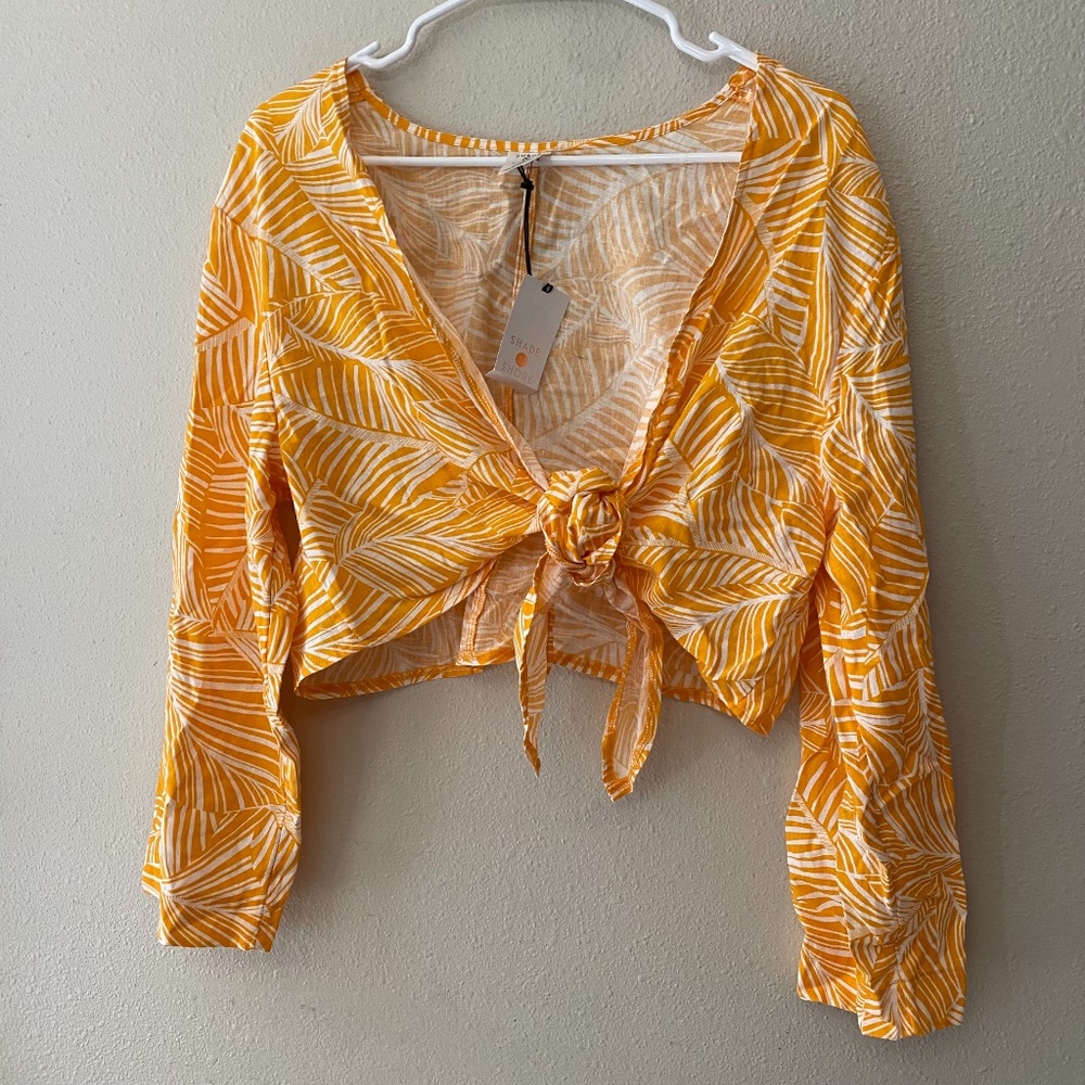 NWT XL Shade and Shore Orange and White Long Sleeve Linen Blend Crop Top